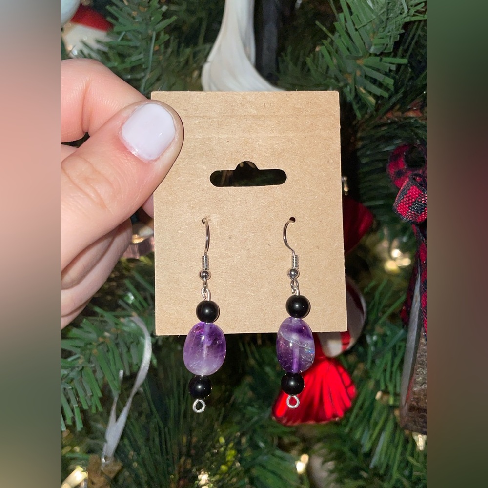 Gemmy Amethyst + Obsidian Beaded Earrings | Hand Crafted Dangles | Crystal - Picture 4 of 6